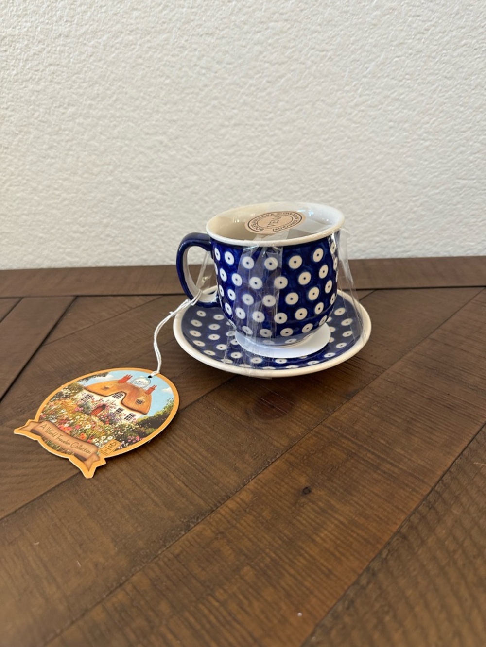 Polish Pottery Boleslawiec Poland Blue Polka Dot Cup and Saucer Set NEW